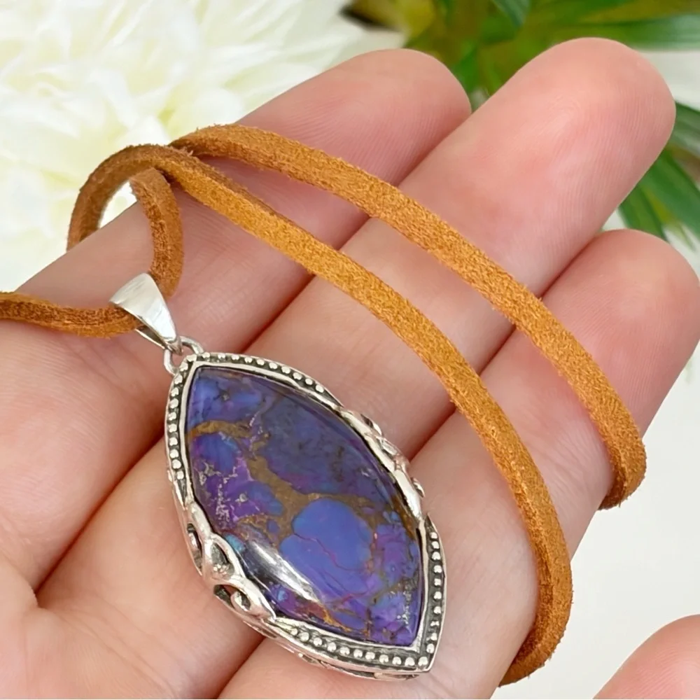 Vintage Sterling Silver 925 Purple Copper Turquoise Pendant Marquise Southwest